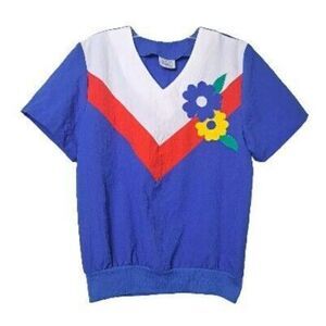 Susan Christopher Vintage 80s Color Block BRIGHT Blue Flower Power Top Size M
